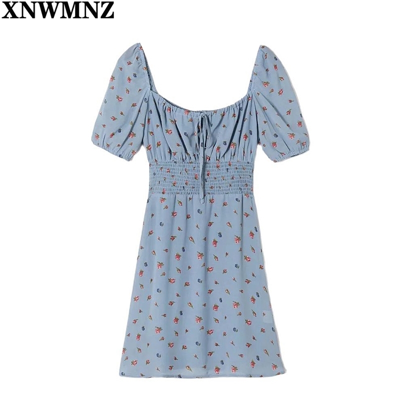 

women Chic Red Floral Print Blue Vestidos Short Sleeve Chiffon Dress Vintage Elastic Waist summer women' dress Robe 210520