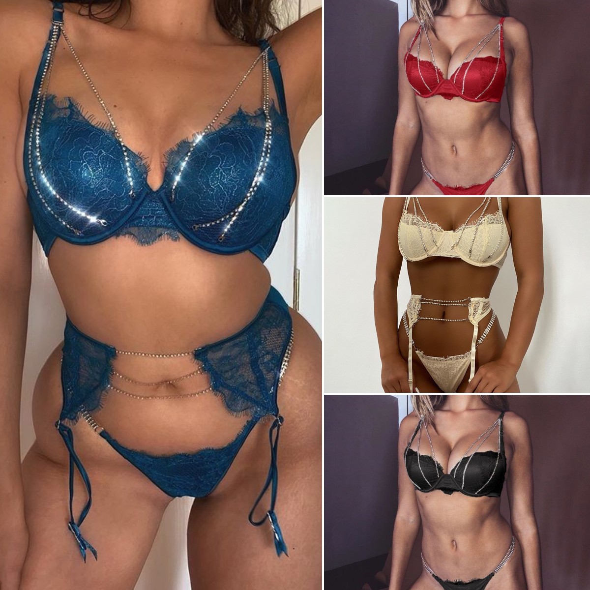 Lace Drill Sexy Rhinestone Lingerie Briefs Set Push Up Bra Panty 3 Piece for Women Comfort Adjustable Underwear Black, Red,Blue
