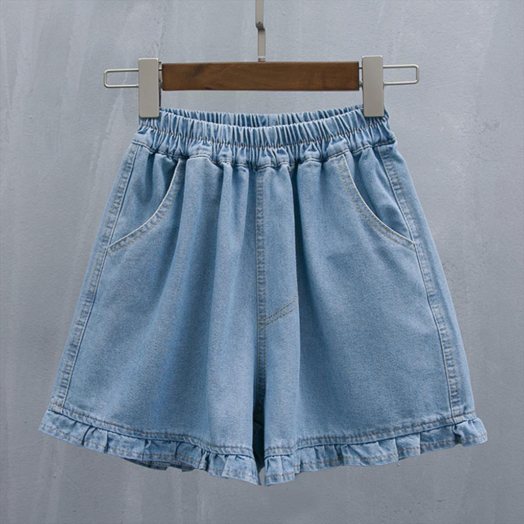 

Summer Casual Loose Solid Womens Short Color Roll Up Hem Elastic Waist Pocket High Denim Shorts Female, White;black