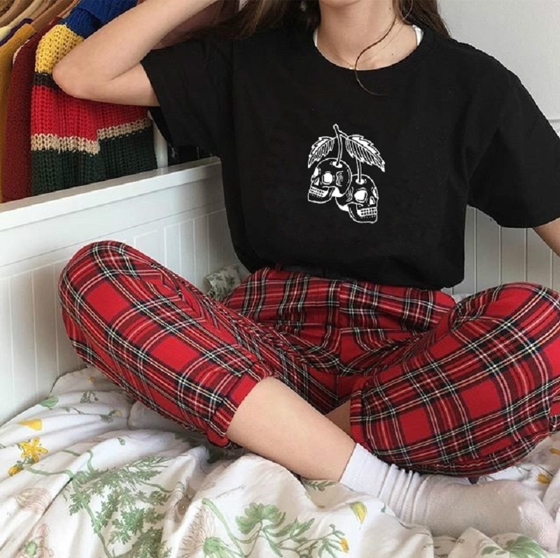 

Aesthetic Kawaii Women T Shirt Cherry Skeleton Gothic Tumblr Fashion Graphic Tee Cute Egirl Emo Short Sleeve Cotton Tops Clothes 210518, Black tee
