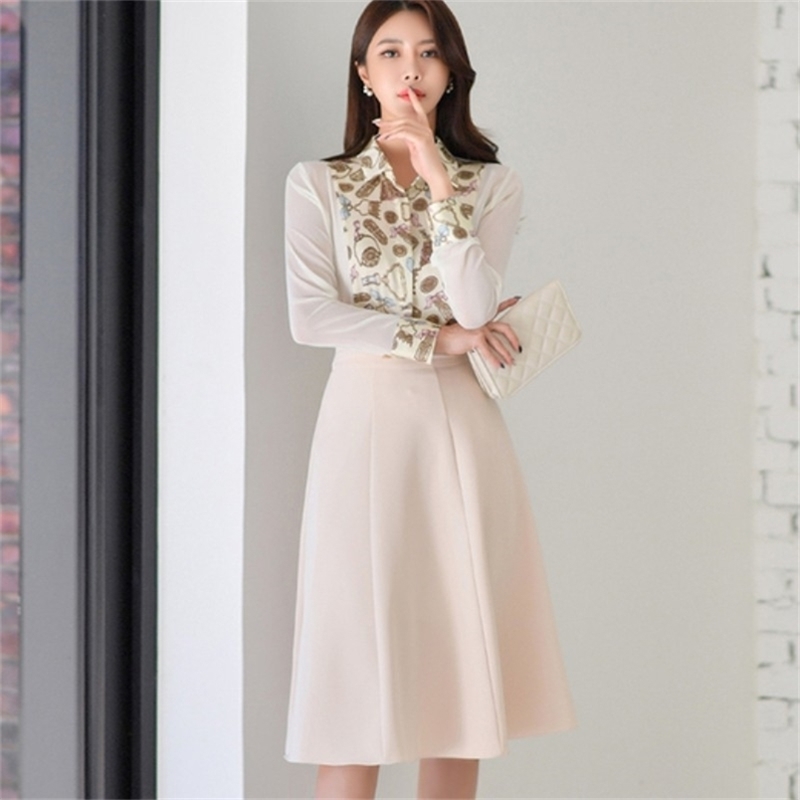 

Spring 2 Piece Set Ladies Elegant Office OL printing Long Sleeve Chiffon Shirts + High Waist A-Line Midi Skirts Suits 210519, Photo color