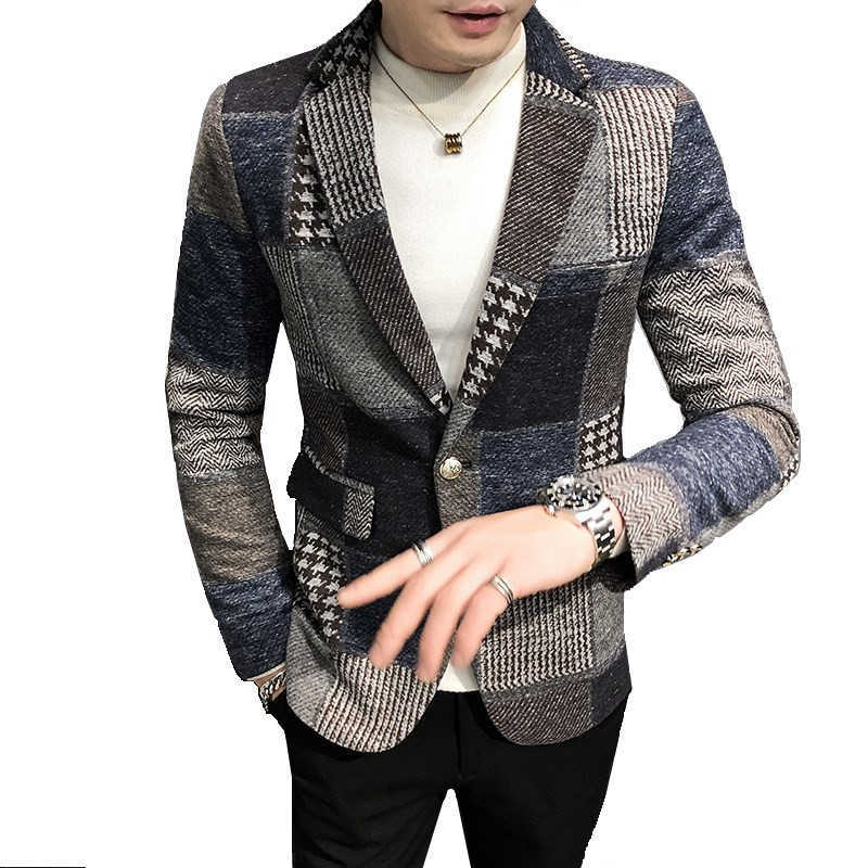 

Men's Suit Jacket Winter New Slim Fashion Plaid Casual Business Casual British Style Dress Wool Warm Blazers Coat Groom X0615, Navy