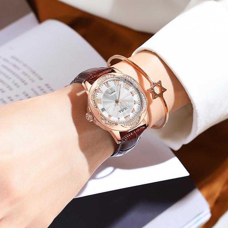 

Wristwatches OLIKA Automatic Mechanical Corium Strap Women's Wristwatch Fashion Dermis Hollow-carved Waterproof Watches Women Calendar, No.1