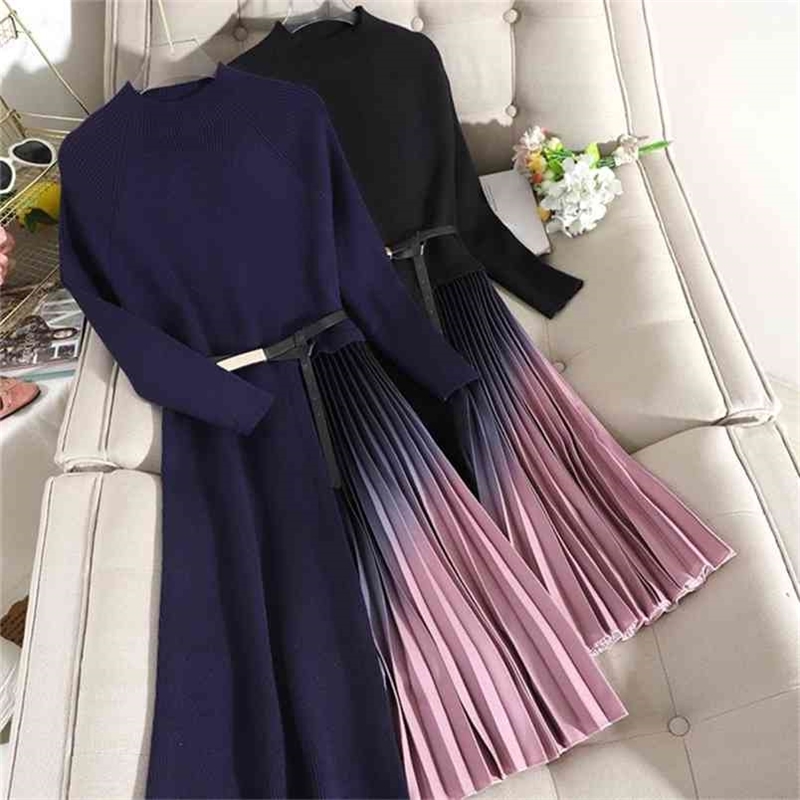 

Elegant Knitted Patchwork Gradient Pink Pleated Dress Women Long Sleeve Sweater Office Midi With Belt 210603, Picture color