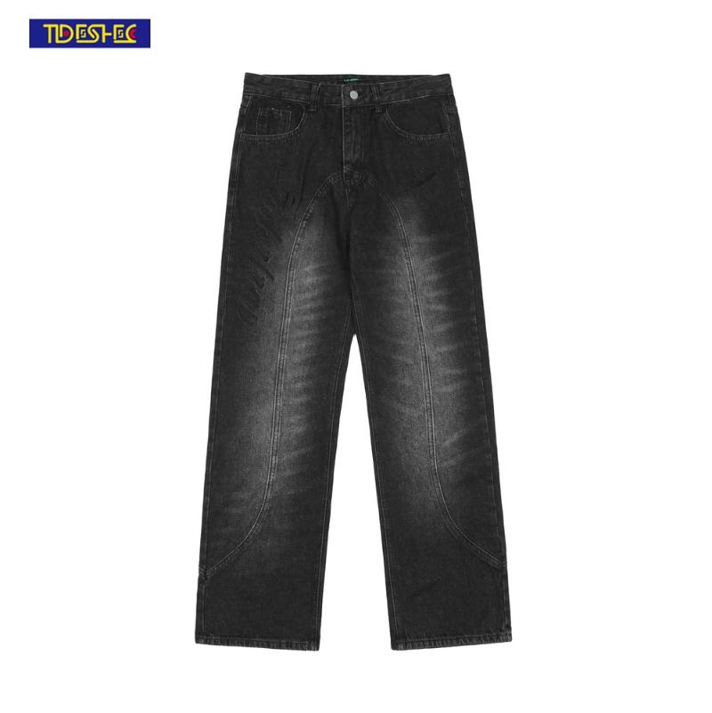 

Men's Jeans Hip Hop Embroidery Letters Special Sewing Washed Pants For Men And Women Straight Loose Oversized Casual Denim Trousers, Blue