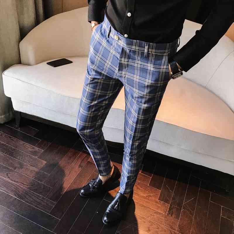 

autumn and winter mens trousers korean young hair stylist checkered small feet casual pants mens wild long pants tide, Black