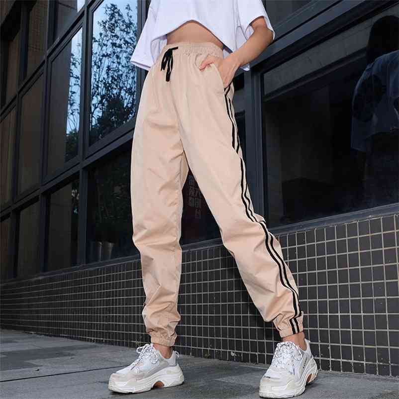 

Khaki Joggers Side Striped Women' Harem Pants High Waist Lace Up Autumn Trousers For Women Spring Casual Loose Sweatpants 210524