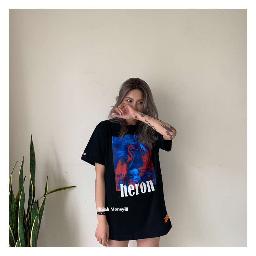

New Heron 2019ss Contrast Crane Print Short Sleeve Bf Net Red T-shirt for Men and Women, Black