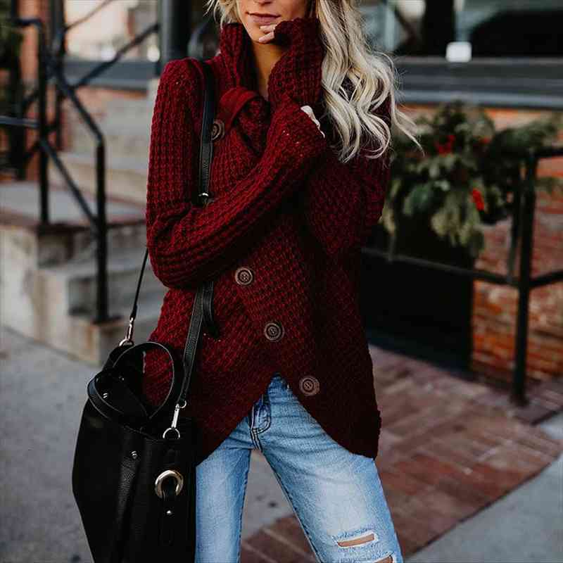 

women turtleneck autumn causal sweater loose buttons knitted female pullover fashion irregular solid plus size jumper sweaters, White;black