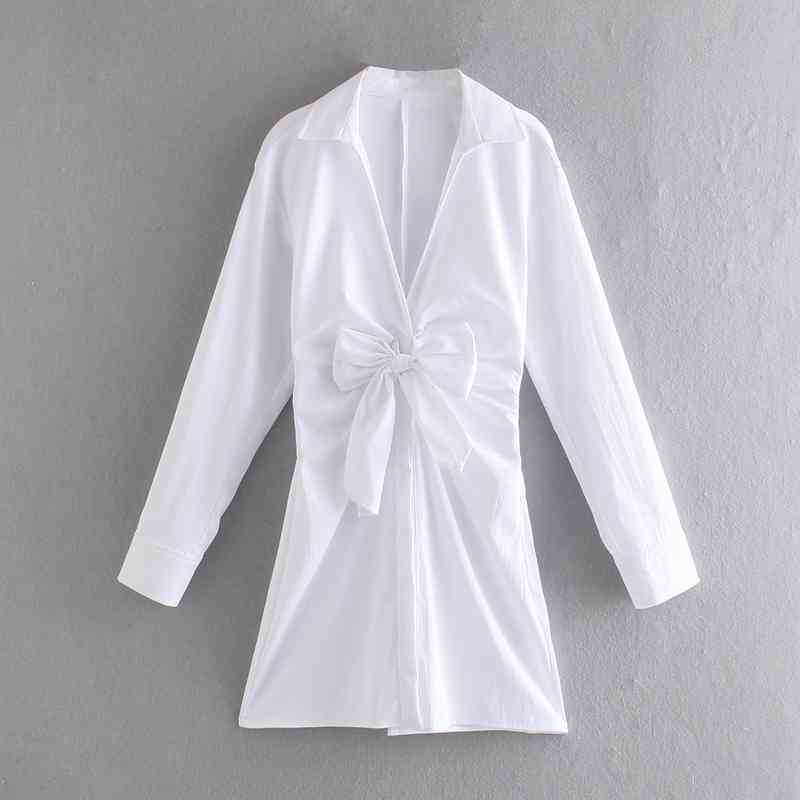 

Women Spring White Cotton Knot Dress Long Sleeve Waist Turn Down Collar Bow Above Knee Preppy Style Mini 210525