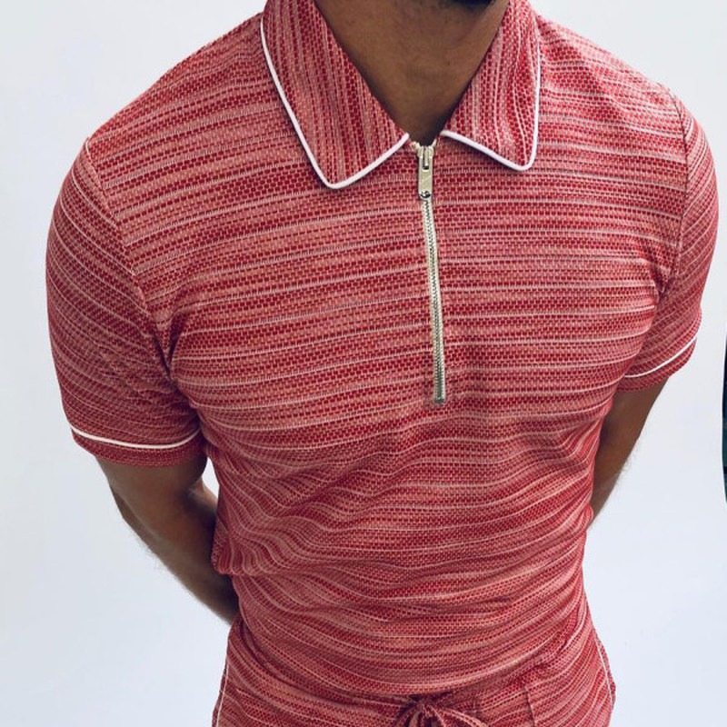 

White striped design men's zipper polo shirt, high quality, comfortable, breathable, fashionable and cool, daily business trip, work party, White;black