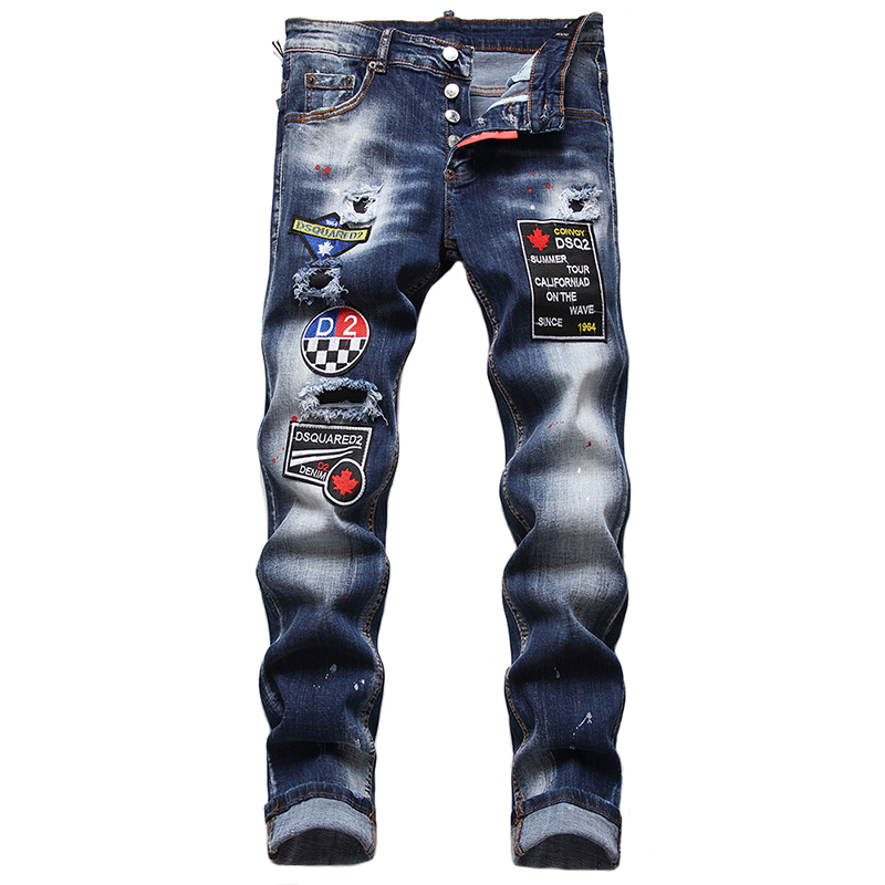 

Embroidered Badge Mens Skinny Ripped Jeans Slim Patch Denim Pants Pencil Street Tight Beggar Trousers Fashion Cowboy Clothing, 1254