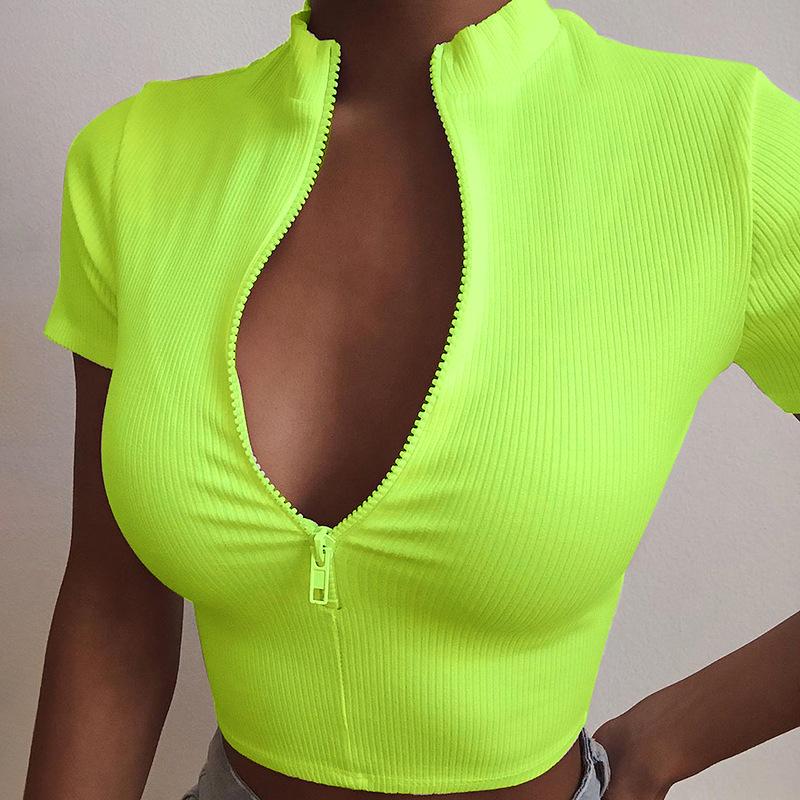 

Women' T-Shirt 2021 Stand-up Collar Zipper Tight-fitting Ribbed Top Avocado Sexy Showing Breasts And Navels Year T-shirts, White