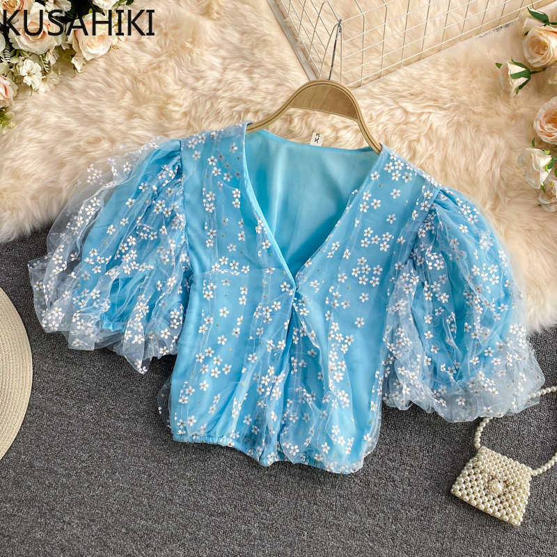 

Mesh Floral Women Blouse Causal Puff Sleeve V-neck Tops Korean Summer Blusas Shirt Camisas Mujer 6G936 210603, Blue