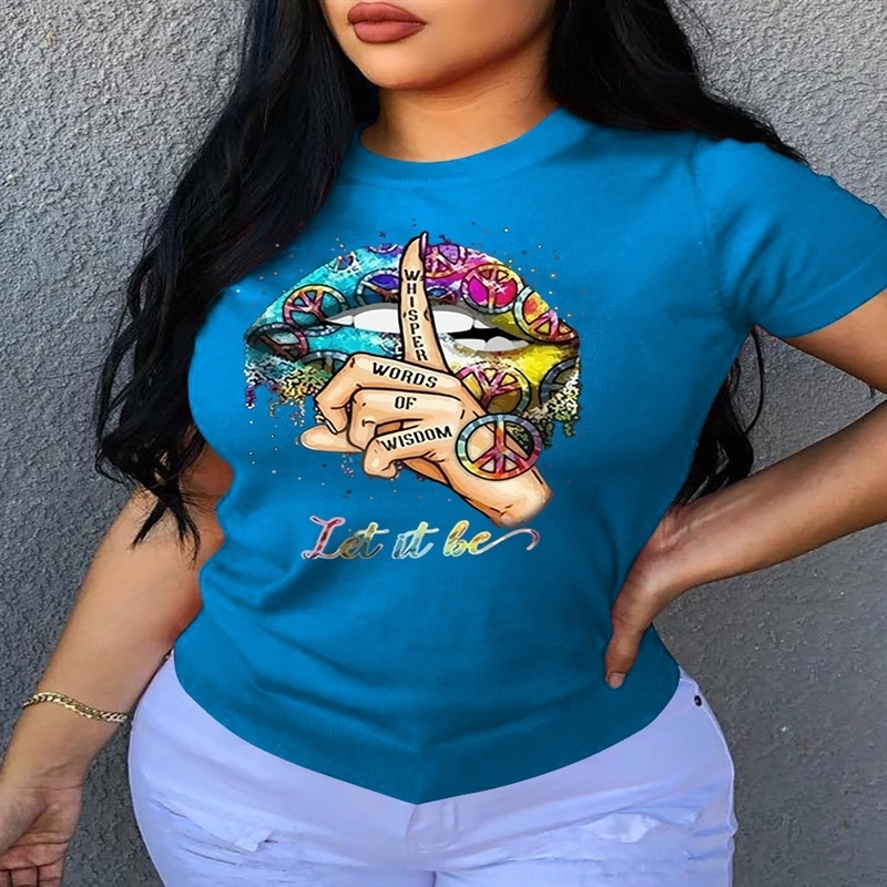 

16j a0020 printed lips round neck t-women's a0020 printed lips round neck t-women's shirt t-shirt, White