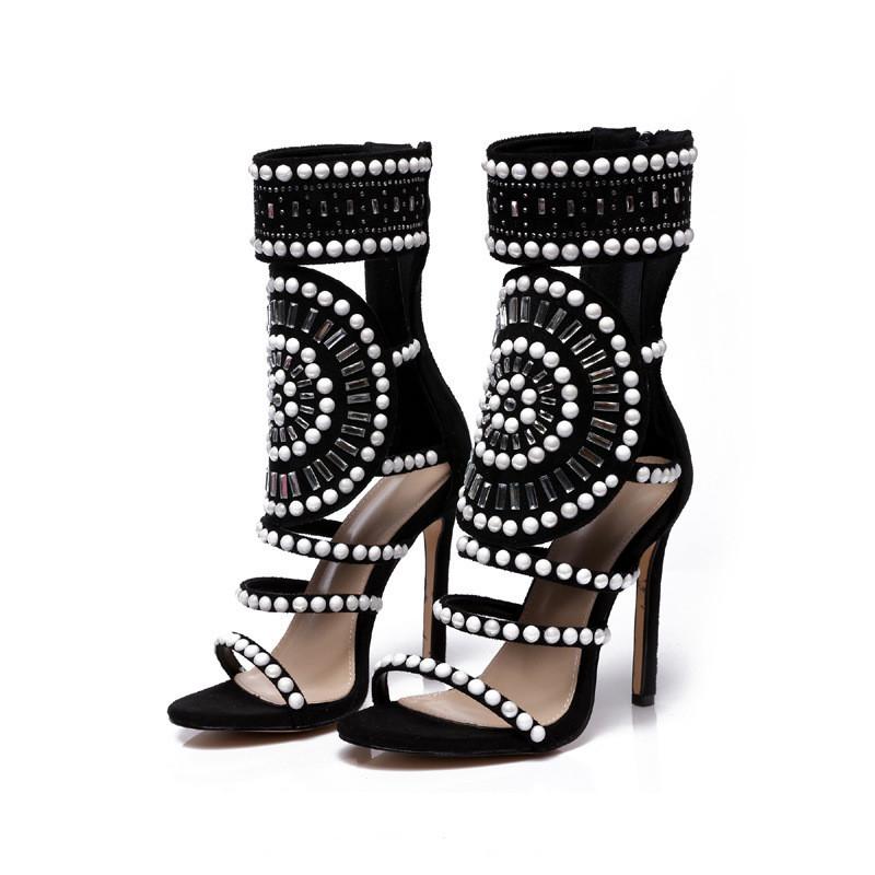 

Sandals Women Fashion Open Toe Rhinestone Design High Heel Crystal Ankle Wrap Glitter Diamond Gladiator Black Size 35-42, Beige