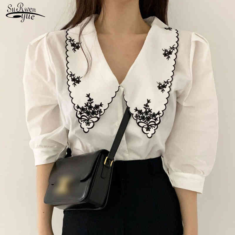 

Single Breasted Elegant White Shirts Summer Half Sleeve Floral Embroidery Blouse Women Vintage Tops Blusas Mujer 14223 210518, Black