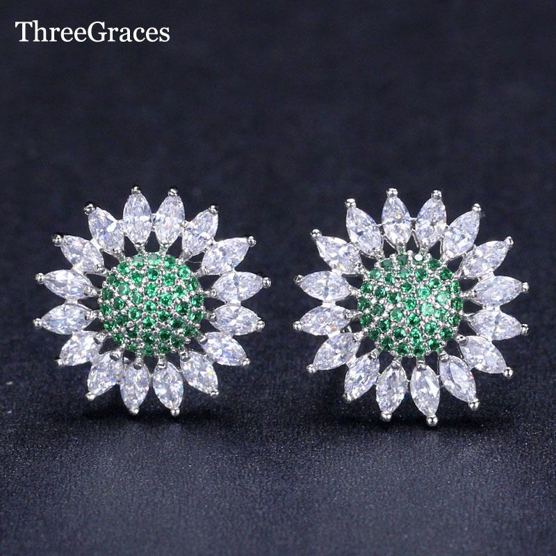 

Stud ThreeGraces Year Gift Jewelry White Gold Color Big Spring Flower Setting Green Cubic Zircon Earrings ER128, Golden;silver