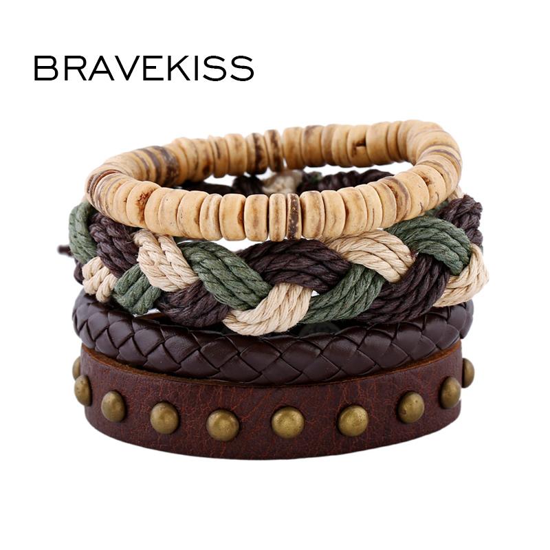 

Beaded, Strands BRAVEKISS 4pcs Punk Cowhide Bracelet Rivet Vintage Braided Bracelets Bangles For Women Handmade Wrap BPB0468, Black