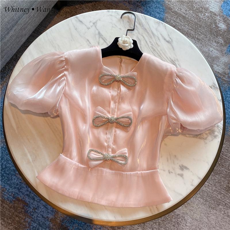 

Women' Blouses & Shirts WHITNEY WANG 2021 Summer Fashion Streetwear Puff Sleeve Diamonds Bow Blouse Women Blusas Lady Shirt Top, Pink