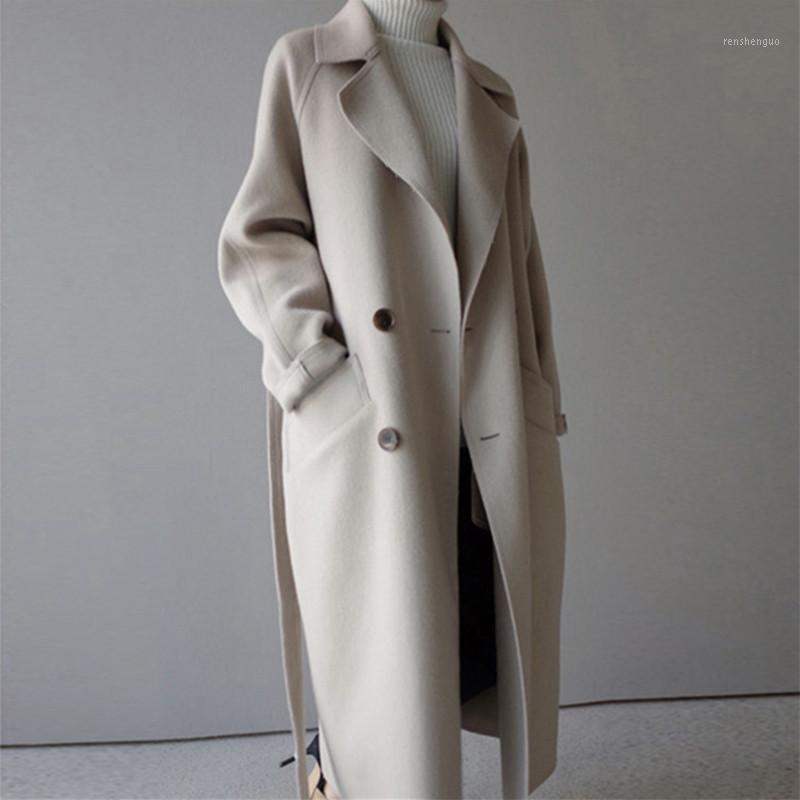 

Women' Wool & Blends 2021 Autumn Winter Cashmere Woolen Coat Double-breasted Women Jacket With Belt Casual Outerwear Femme Hiver R1101, Creamy-white