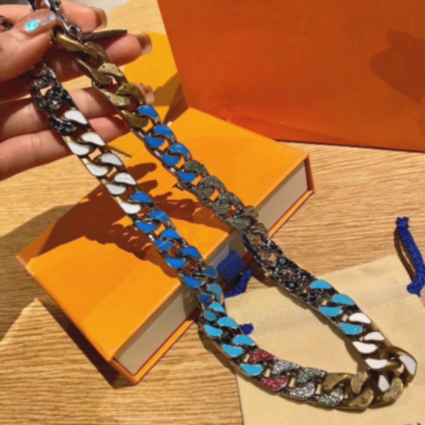 

2021 candy Necklace Luxury Jewelry Design Diamond 316L Titanium steel Engrave Colored Enamel Thick Chain Links Patches Necklace 12 styles, Silver