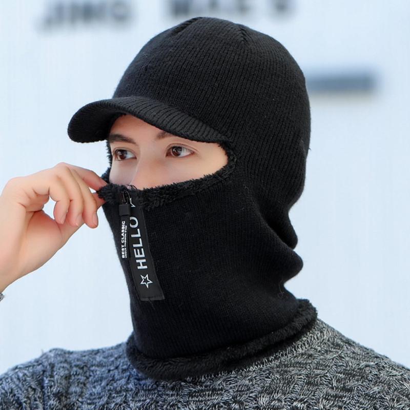

Outdoor Hats Men Winter Knitted Hat With Zipper Add Fur Lined Warm Brim For Keep Face Ear Balaclava Cap, Black;white