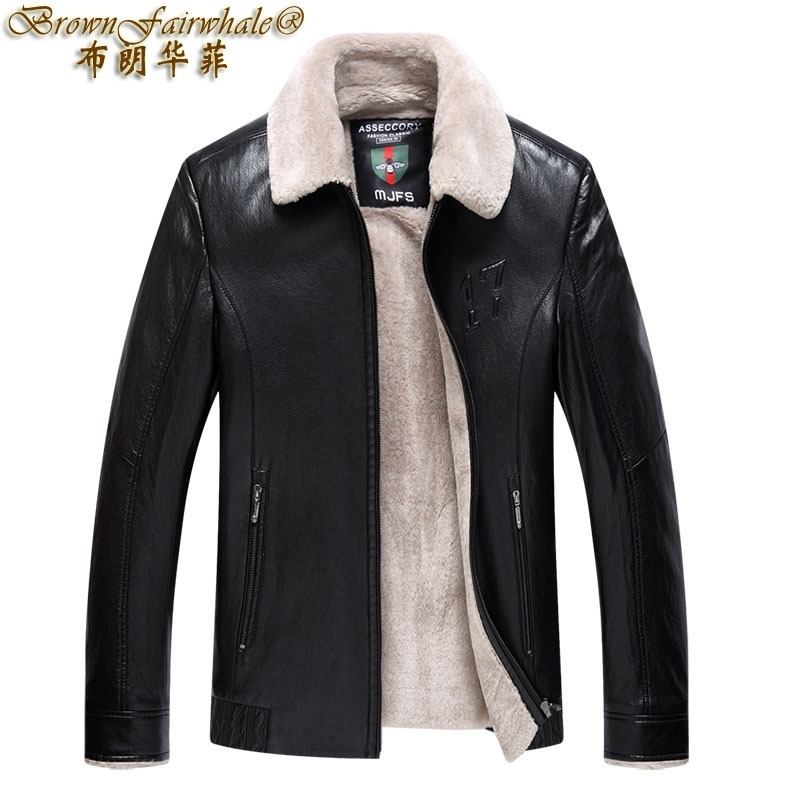 

Autumn and winter PU fur one-piece Lapel short slim fit warm leather jacket men's coat, Black