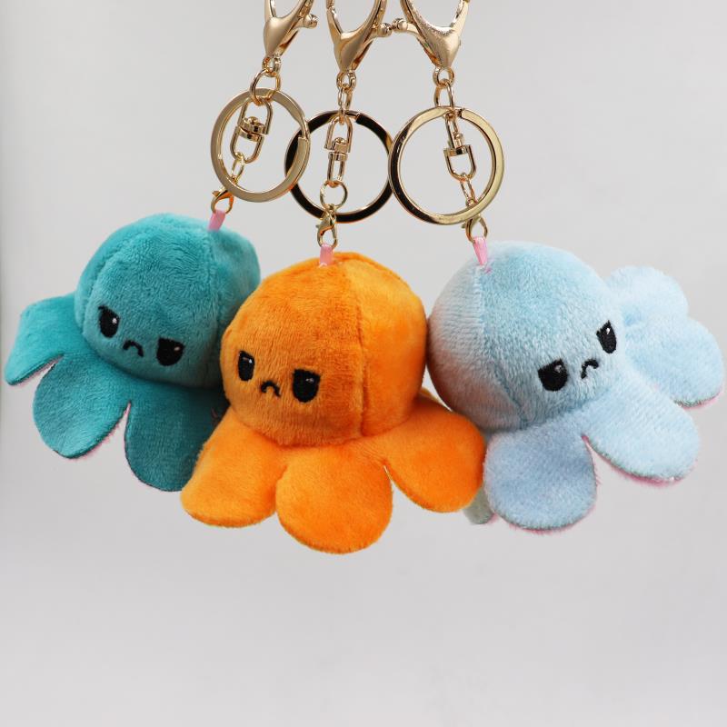 

DHL Reversible Flip Octopus Keychain Metal Key Ring Plush Doll Toys Bag Animal Pendants Double-Sided Emotion Toy Cute Keyring Ornment