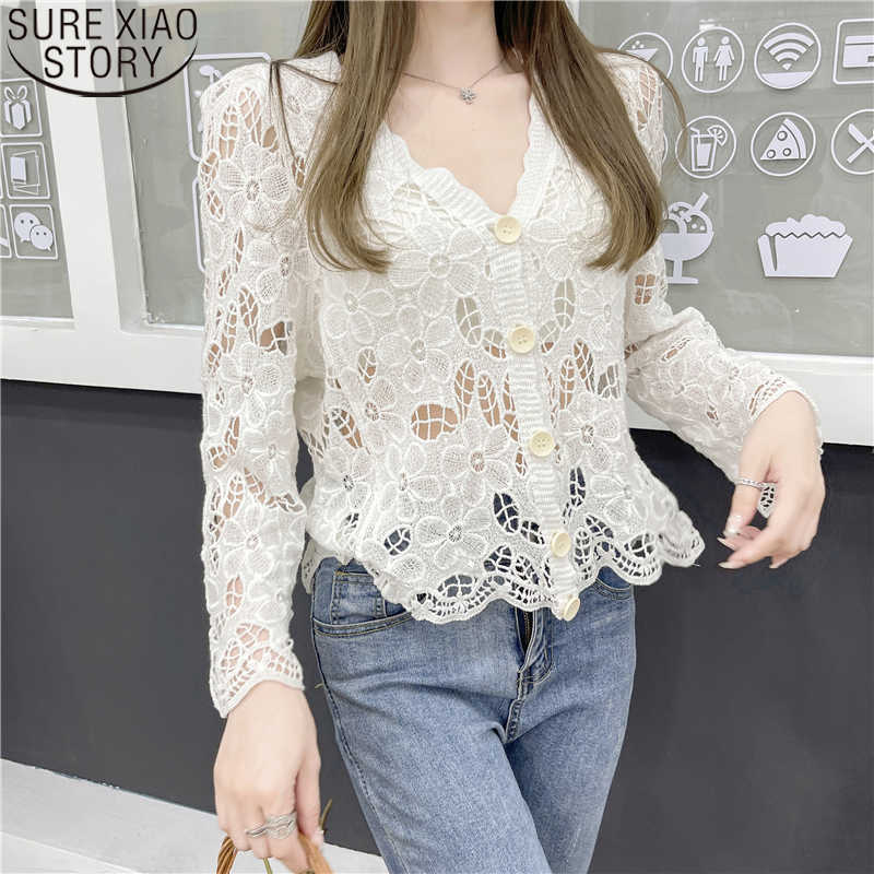 

Sexy V-neck Cardigan Lace Tops Summer Crocheted Floral Shirts Women Hollow Out Blouse Mujer Long Sleeve Clothes 14460 210527, Apricot