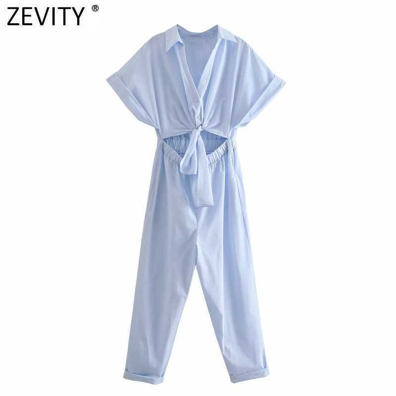 

Zevity Women Solid Color Hem Bowknot Hollow Out Conjoined Calf Length Jumpsuits Chic Ladies Casual Business Rompers DS8320 210603, As pic ds8320o