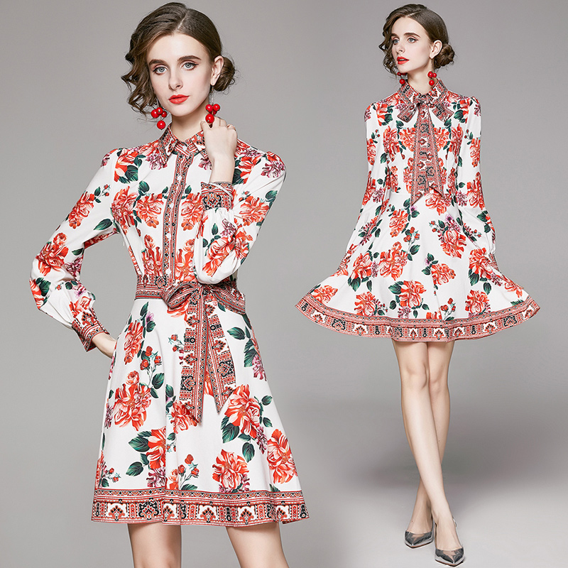 

Luxury Fashion Runway Floral Shirt Dress Women Designer Long Sleeve Elegant A-Line Printed Party Dresses Slim Business Prom Office Spring Au, Black;gray