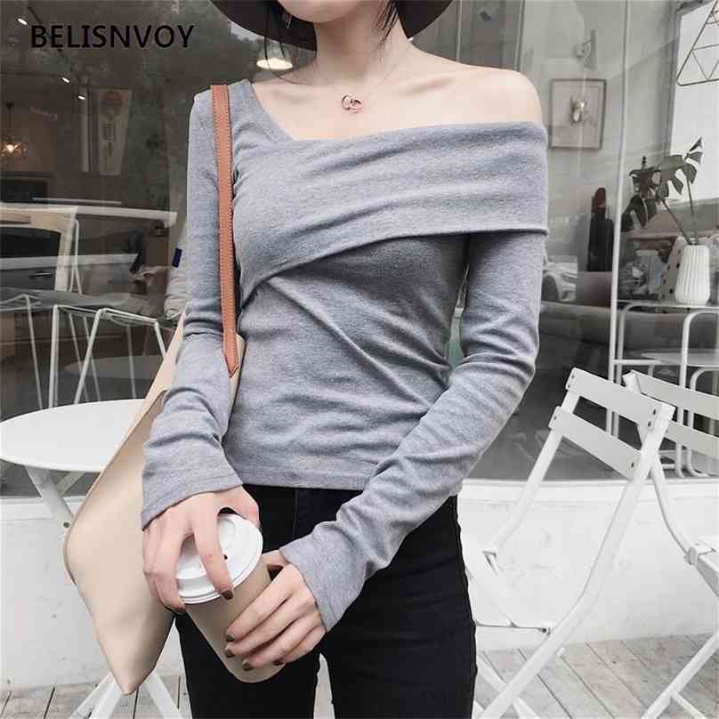 

European Spring Autumn Sexy Slash Neck Slim T-shirt Femme Camiseta Mujer Bottoming Women Off Shoulder Tee Shirt Tops 210520, Diy