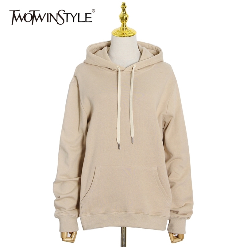 

Minimalist Solid Sweatshirt For Women Hooded Collar Long Sleeve Casual Sweatshirts Female Fashion Clothing 210524, Khaki