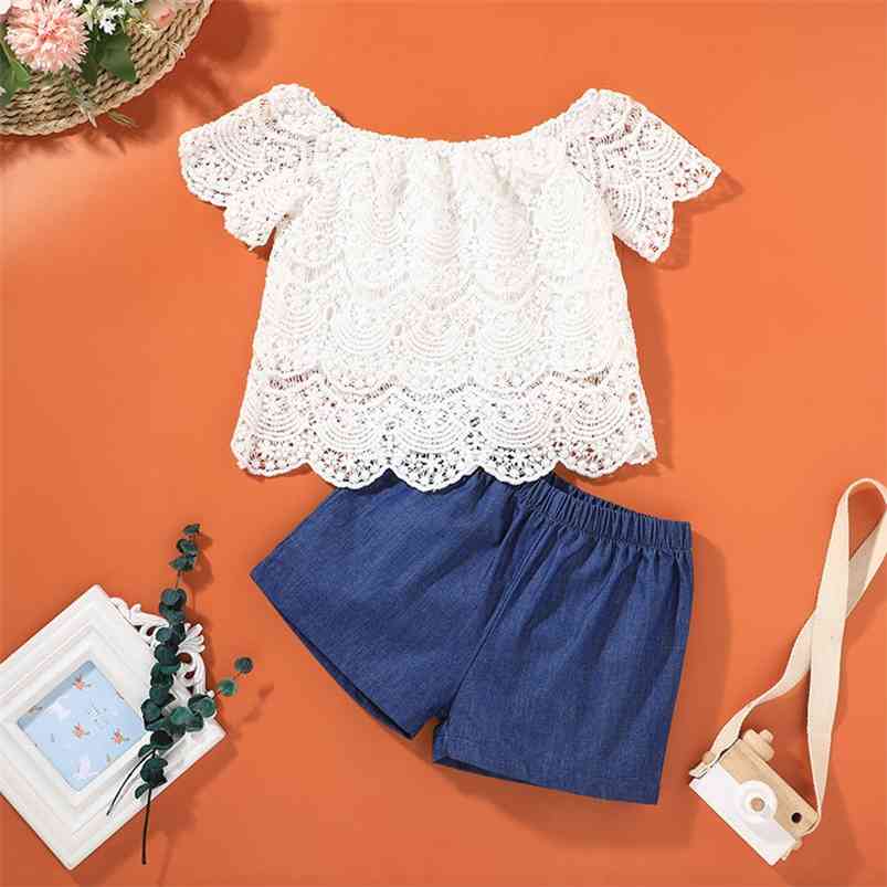 

Summer Children Sets Casual Short Sleeve O Neck Lace White Solid T-Shirt Blue Shorts 2Pcs Girl Boys Clothes 18M-6T 210629