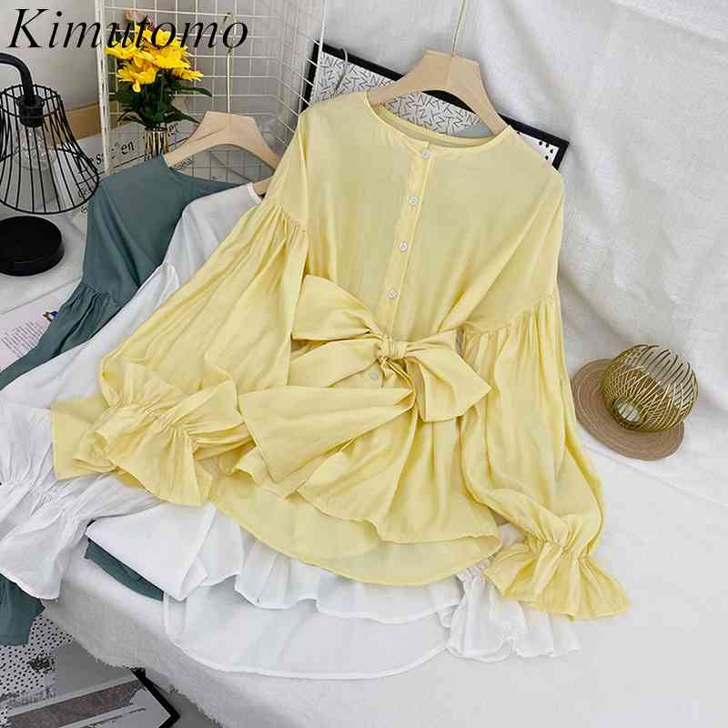 

Kimutomo Korean Ins Style Blouse Women Spring O Neck Lantern Sleeve Single Breasted Bow Lace Up Shirt Female Solid Elegant 210521, White