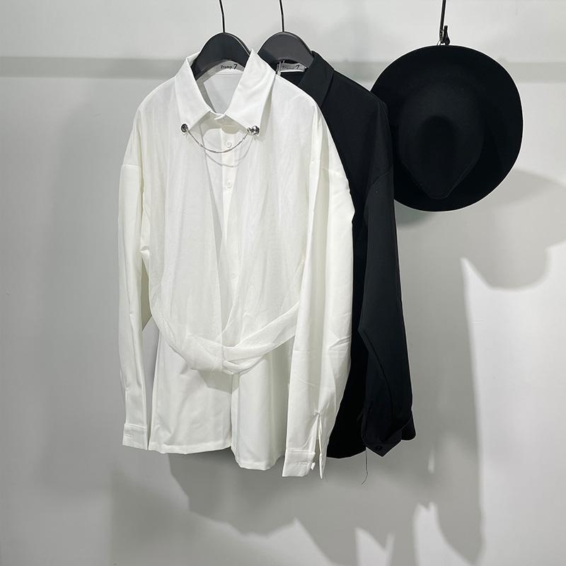 

Men' Casual Shirts Autumn Big Size Trendy Fashion Temperament Mesh Stitching Loose Long Sleeve Shirt And Versatile Top, Black