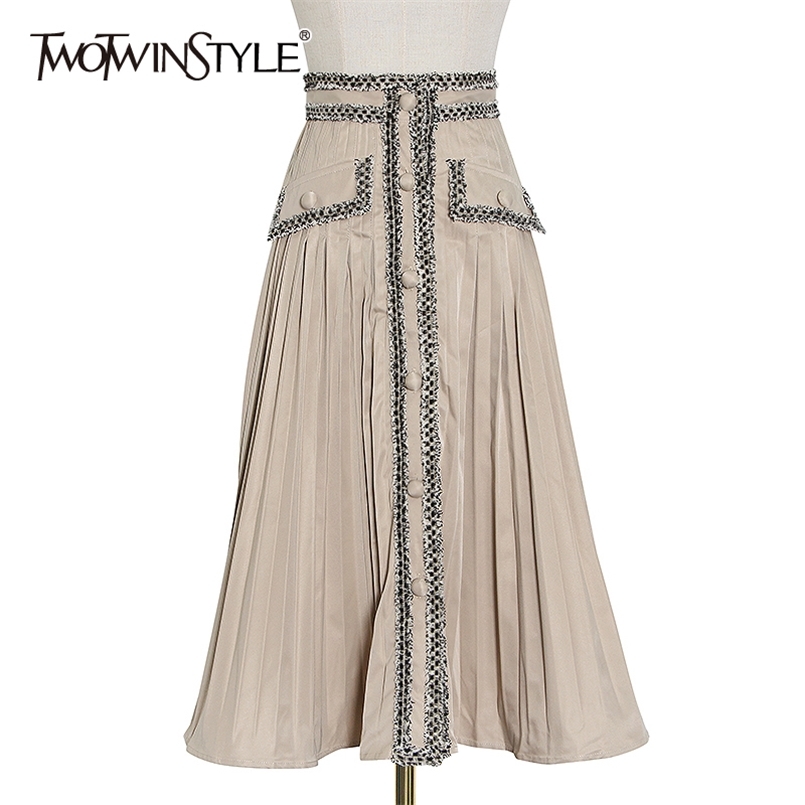 

Ruched Patchwork Tassel Women Skirt High Waist Button Midi Casual Skirts Female Summer Fashion Clothing 210521, Khaki