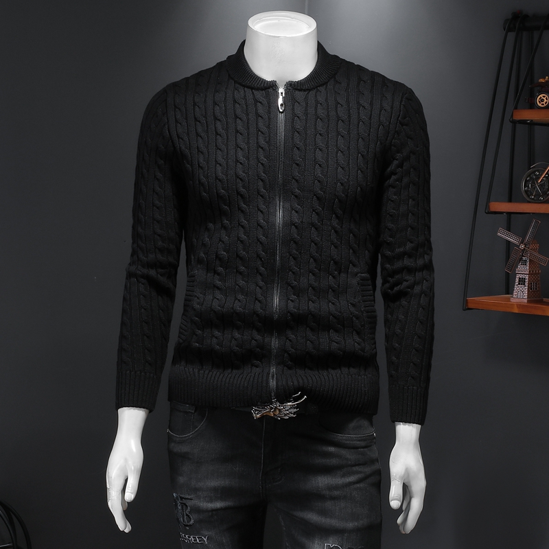 

mens cardigan sweater for 2023 autumn and winter new trendy brand slim twist simple solid color zipper sweater jacket, Black