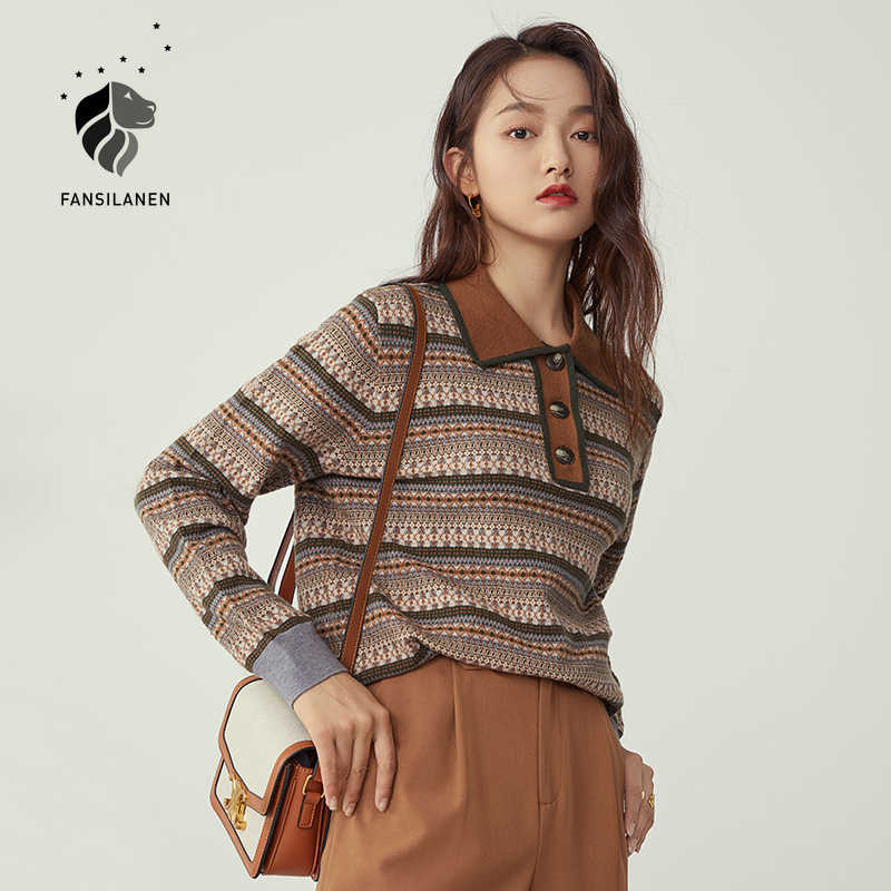 

FANSILANEN Polo striped vintage knitted sweater Women long sleeve oversized pullover Female autumn winter button up jumper top 210607, Brown