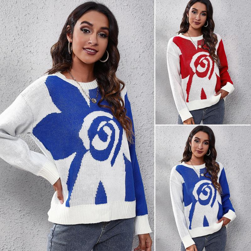 

Women's Sweaters 2021 Autumn Winter Fashion O-Neck Knitwear Ladies Loose Pullover Flower Sweater Female Casual Long Sleeve Thick Top, White;black