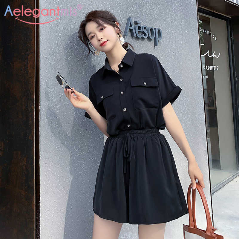 

Aelegantmis Summer Women Sets Short Sleeve Blouse Shirt And Loose Shorts Female High Street Casual Two-piece Black Pink 210607