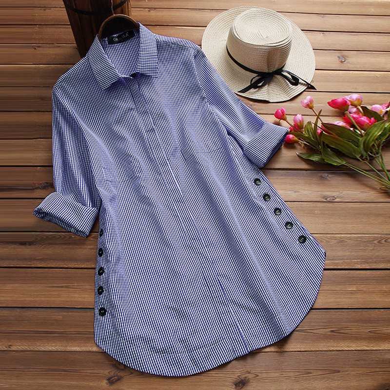 

Summer Plaid Print Blouse Women Turn-down Collar Long Sleeve Casual Loose Plus Size Office Long Shirts Female Tops And Blouses 210608, Black