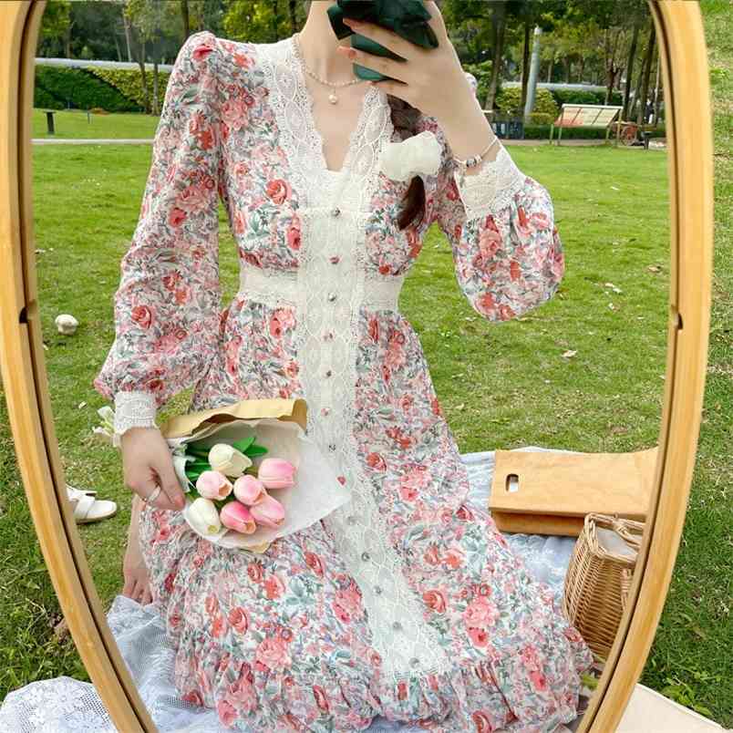 

Spring Sweet Floral Print Female Midi Dresses Elegant Lace Patchwork V-Neck Puff Sleeve High Waist Women' 210519, Photo color