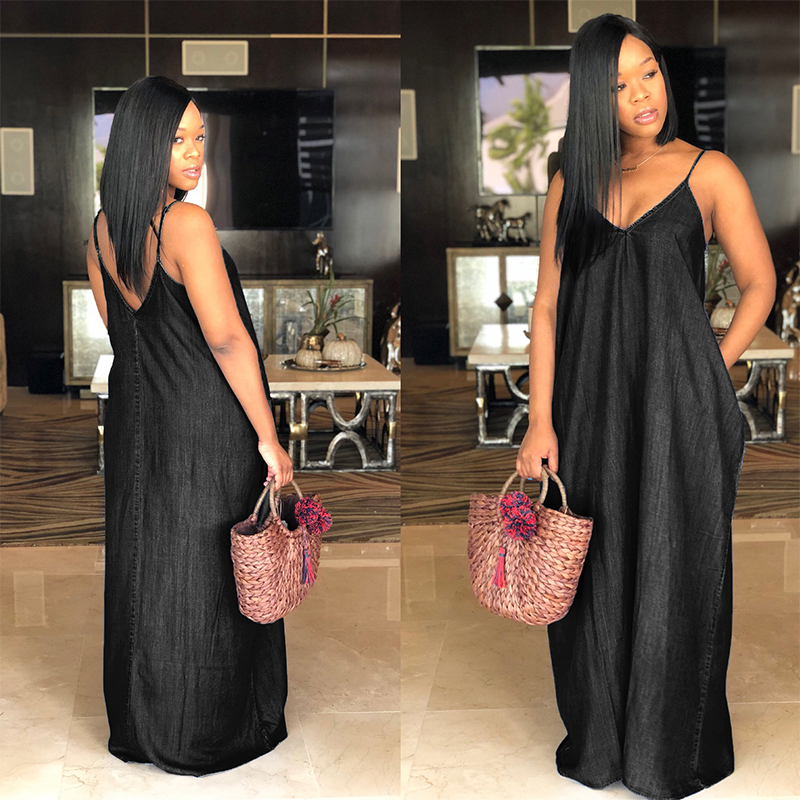 

Dresses Loose V-neck wrapped Casual Bateau Neck Baby Blue Denim Floor Length Dress/Summer sleeveless plus size beach maxi for womens, Black;gray