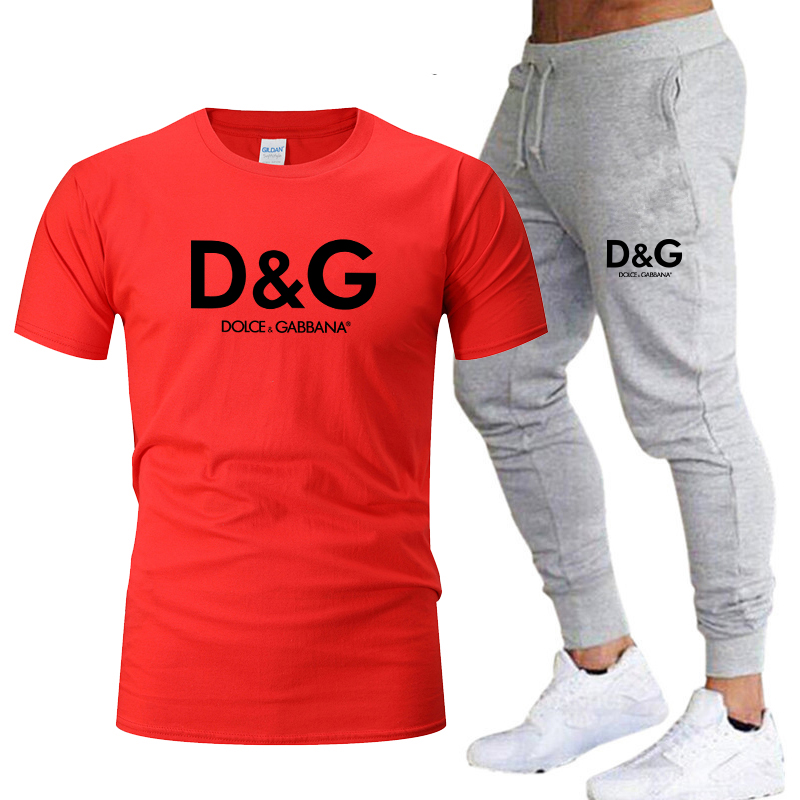 

Mens brand printed DG sportswear set pure cotton quick drying Gym Fitness Running suit fashion short sleeve T-shirt + jogging, Gray