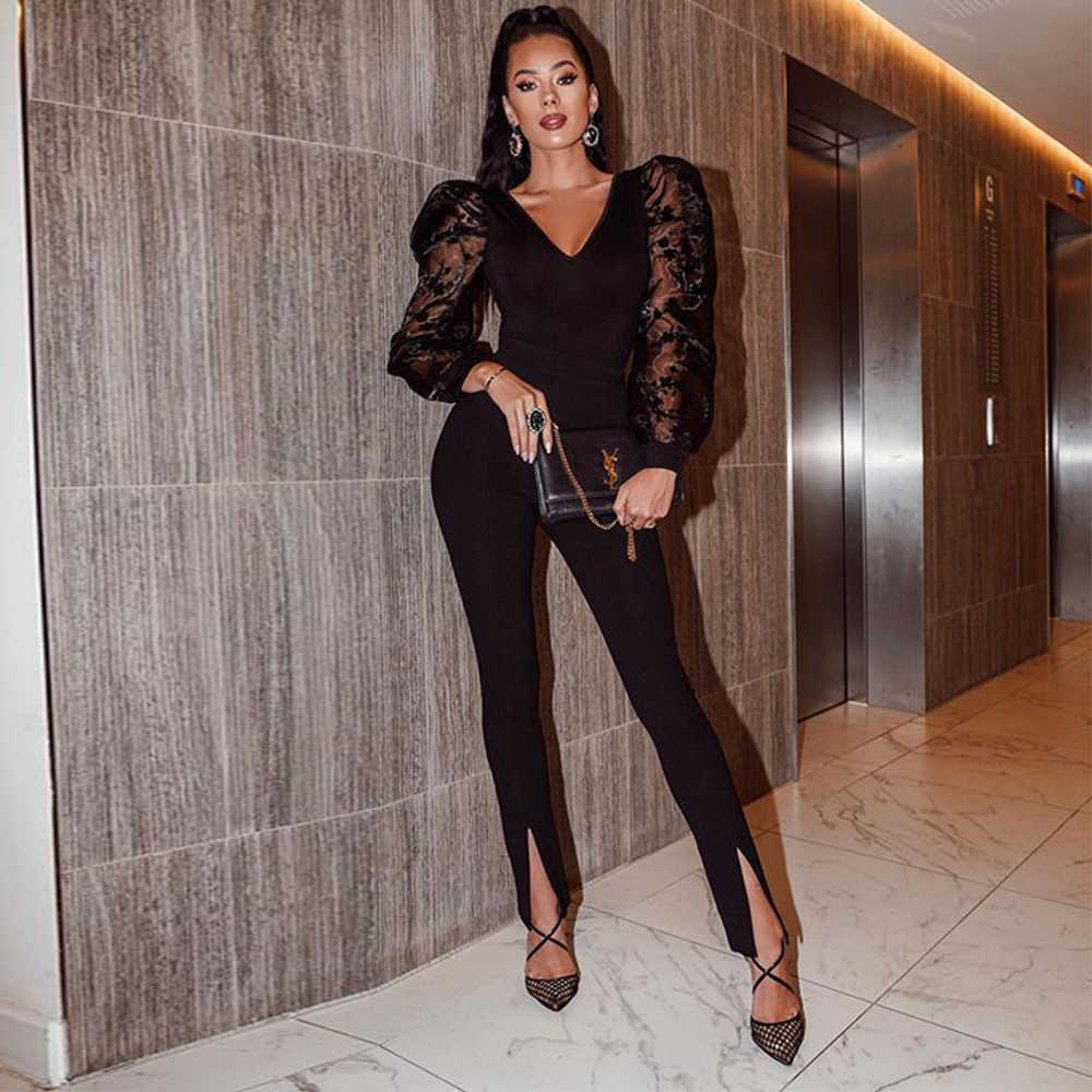 

Ocstrade Long Sleeve Sexy Jumpsuit for Women Fashion Black Mesh All Bandage jumpsuit Bodycon Club Party 210527, Beige