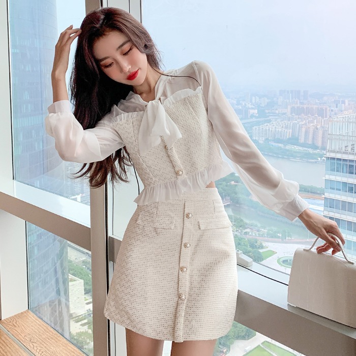 

Ladies temperament small fragrance fashion suit spring lady lace bow tie blouse short skirt two-piece 210525, Apricot