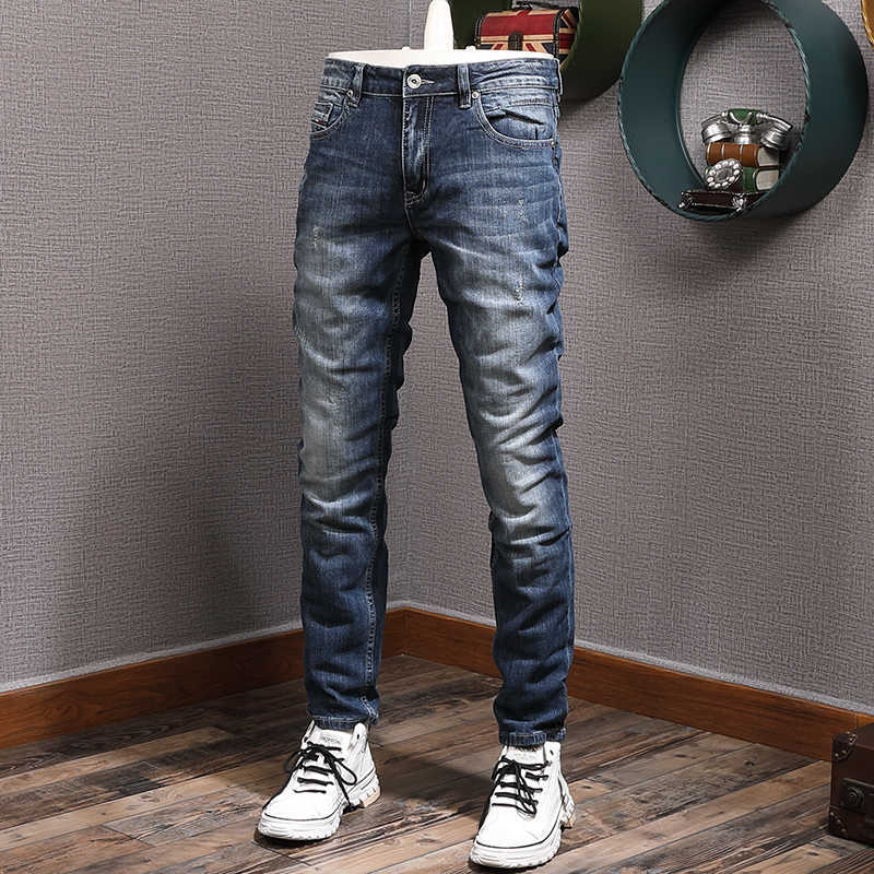 

Italian Style Fashion Men Jeans Distred Plain Elastic Slim Fit Ripped Retro Dark Blue Vintage Designer Casual Pants ABS5