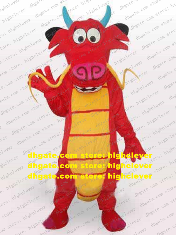 

Lively Red Mushu Dragon Dinosaur Dino Loong Mascot Costume With Long Yellow Beard Mascotte Adult No.238 Free Ship, Red;yellow
